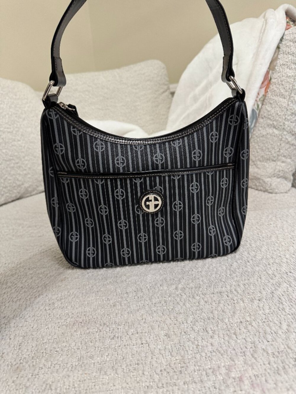 Giani Bernini Monogram Satchel Black and Gray Classic Shoulder Bag Faux Leather